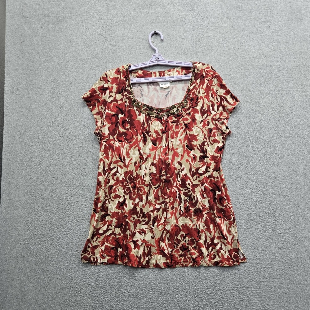 Coldwater Creek Women Blouse L (14-16) Red Floral Sequin Scoop Neck Tunic Artsy